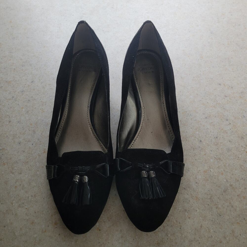 Circa Joan & David Yzabeth Black Suede Patent Tassel Wedge Pumps Flats 7.5